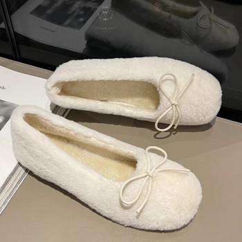 Нови зимни обувки тип лодка за жени Вълнени балетки Бели удобни дамски обувки с папионка, топли плюшени обувки с памучна подплата 1649N