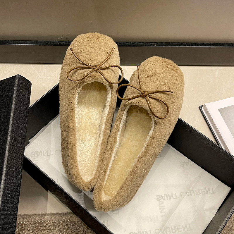 Jauni ziemas laivu apavi sievietēm Vilnas baleta plakanie, balti, ērti sieviešu apavi Bowtie plīša, silti, kokvilnas polsterēti 1649N