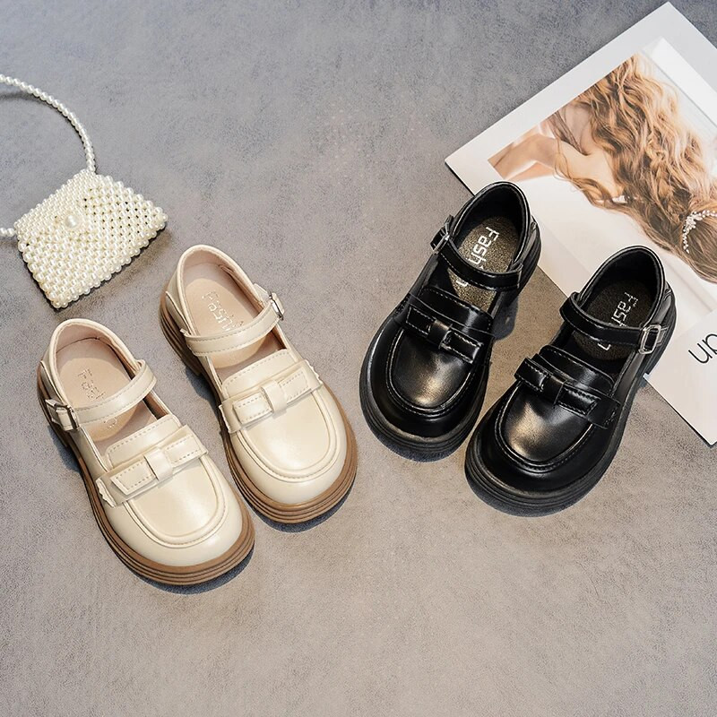 Meiteņu skolas ādas apavi Modes, bērnu, plakanie, britu stila loki, klasiski bērnu ikdienas apavi Mīksta princese 2023. gada pavasaris