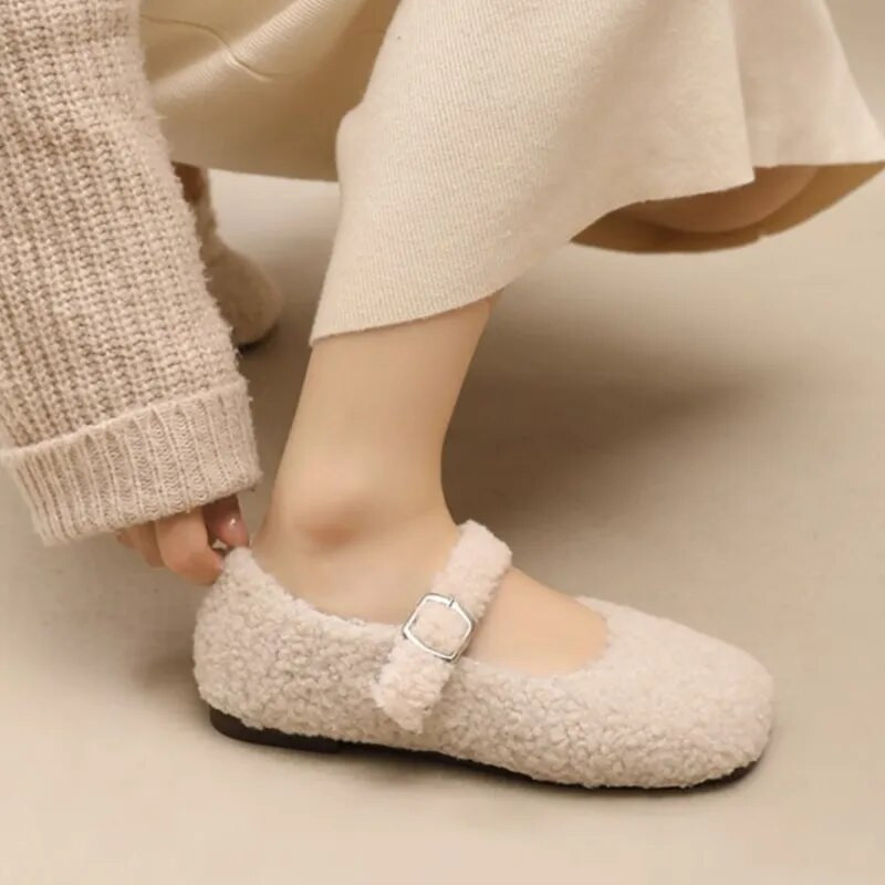 Ženske zimske cipele u 6 boja Ravne cipele od umjetnog krzna Mary Janes cipele Tople cipele s plitkom kopčom od janjeće vune Podstavljene pamukom Cipele za čamce 1632N