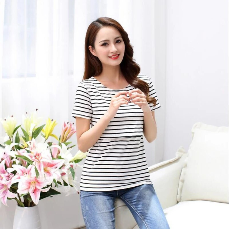 Majice s okruglim izrezom i kratkim rukavima za trudnice Prugasta odjeća za dojenje Majica za trudnice Odjeća za dojenje Majica za dojenje