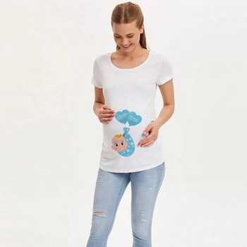 Maternity Cute Baby Print Μπλουζάκι με κοντό μανίκι με λαιμόκοψη Έγκυος Mama Tops Tees Ρούχα Βρεφική Ανακοίνωση Tshirt Μπλουζάκι εγκυμοσύνης