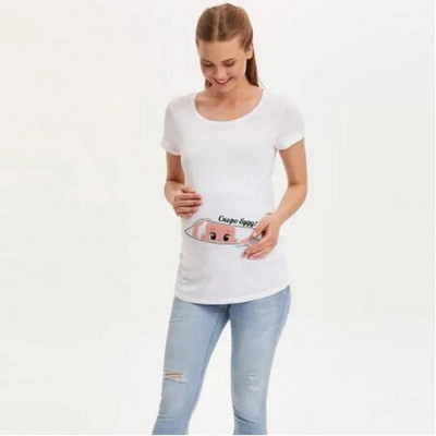 Motinystės mielas kūdikio raštas O formos iškirptės marškinėliai trumpomis rankovėmis Nėščia mama Viršutiniai marškinėliai Drabužiai Kūdikio skelbimo marškinėliai Nėštumo marškinėliai