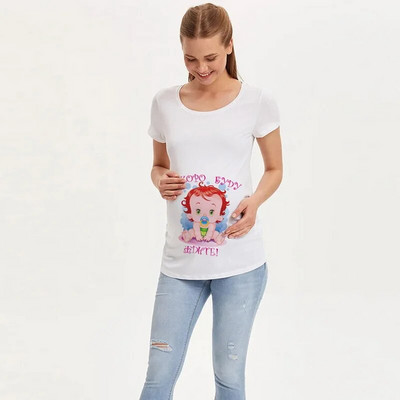 Motinystės mielas kūdikio raštas O formos iškirptės marškinėliai trumpomis rankovėmis Nėščia mama Viršutiniai marškinėliai Drabužiai Kūdikio skelbimo marškinėliai Nėštumo marškinėliai