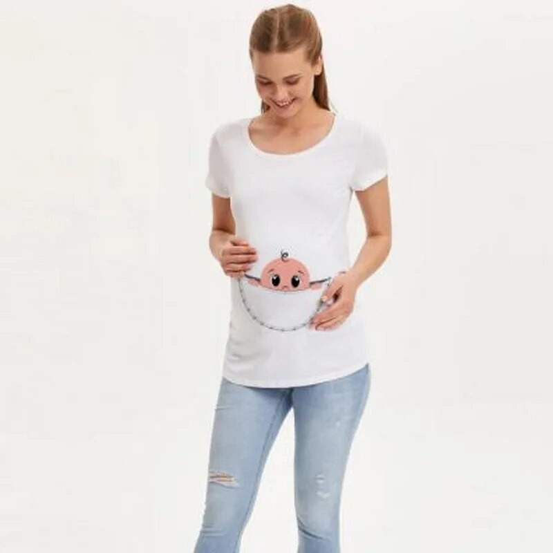 Motinystės mielas kūdikio raštas O formos iškirptės marškinėliai trumpomis rankovėmis Nėščia mama Viršutiniai marškinėliai Drabužiai Kūdikio skelbimo marškinėliai Nėštumo marškinėliai