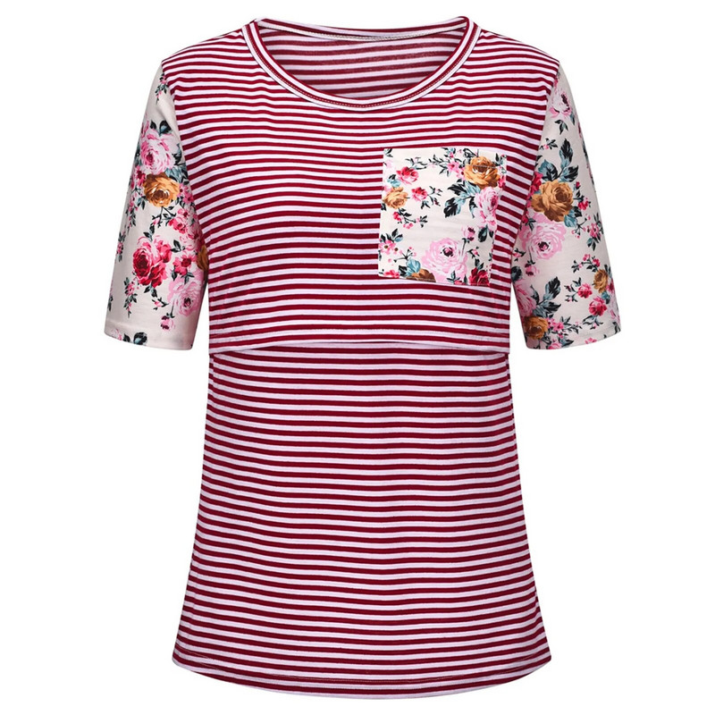 Vasaras drēbes grūtniecēm grūtniecēm, trikotāžas ar īsām piedurknēm, svītrainām apdrukām Modes topi grūtniecēm barošanai ar krūti