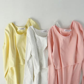 Ρούχα θηλασμού μετά τον τοκετό Φθινοπωρινά μπλουζάκια με λαιμόκοψη στο σπίτι Μπλουζάκι σίτισης Βαμβακερό μονόχρωμο μητρικά ρούχα 3978