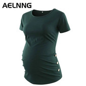 Drabužiai nėščiosioms Vasariniai ilgi moteriški marškinėliai šoninių mygtukų apdaila Nėščiųjų viršutiniai drabužiai Dryžuota mada Laisvalaikio drabužiai 1561