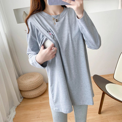 Govs Izšūšana Pelēks Barošanas T-krekls ar garām piedurknēm Agrā rudens drēbes barojošām mātēm, kas baro bērnu ar krūti 8529