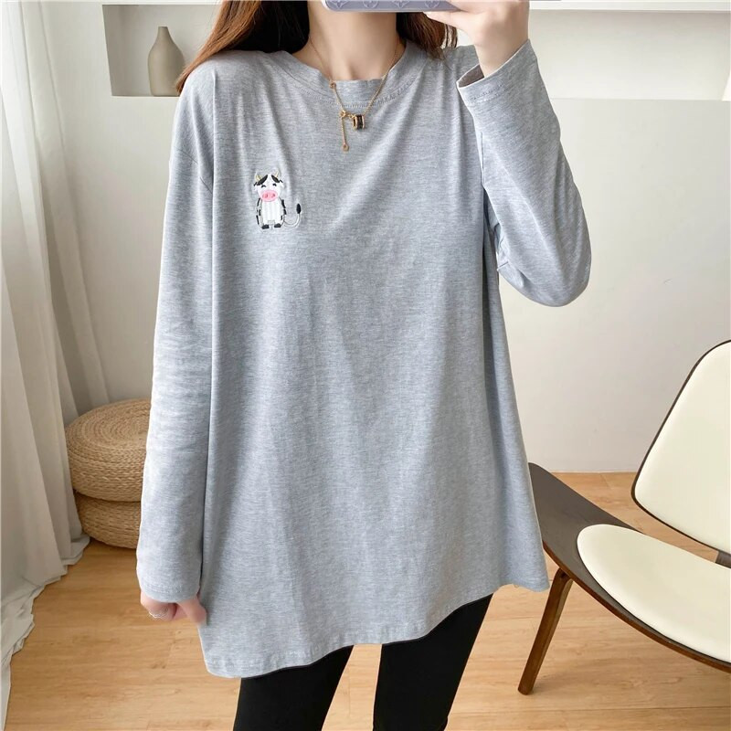 Govs Izšūšana Pelēks Barošanas T-krekls ar garām piedurknēm Agrā rudens drēbes barojošām mātēm, kas baro bērnu ar krūti 8529