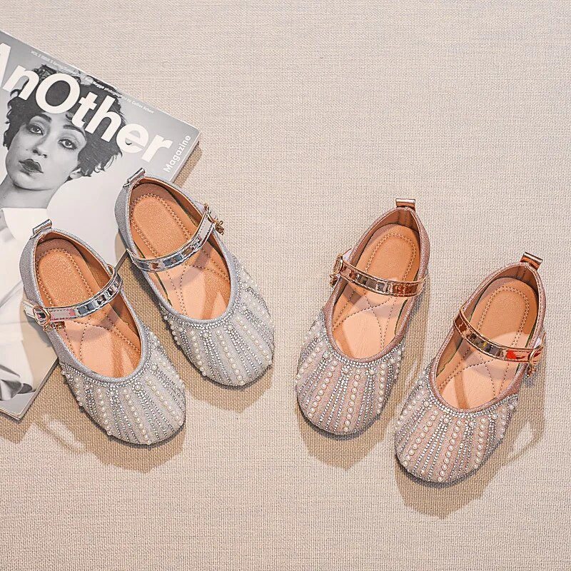 Cipele za djevojčice Mekane ravne cipele Proljeće Jesen Nove šljokice Biserni kamenčići Vjenčanje Dječje cipele za nastup H290