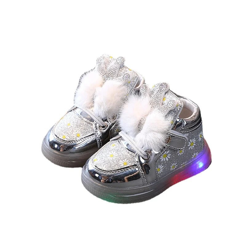 Bērnu sporta apavi LED apavi Kvēlojoši bērnu apavi Rhinestone plīša meiteņu apavi modes mīkstās zoles dēļa apavi Studentu gaiši skriešanas apavi