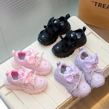Детски маратонки Розови дишащи ежедневни обувки Момичета Модни панделка Дебела подметка Детски обувки Принцеса Меки неплъзгащи се обувки за бягане