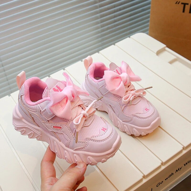 Gyermek tornacipő Rózsaszín légáteresztő alkalmi cipő lányoknak divatos masni vastag talpú gyerekcipő Princess puha csúszásmentes futócipő