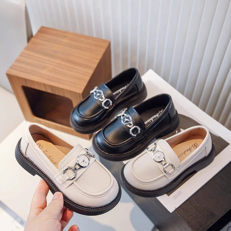 Mokasine za djevojčice 2023. Proljeće Jesen Nova Britanija Dječje Dječje princeze Crne kožne cipele Svestrani ukrasi za ručni sat