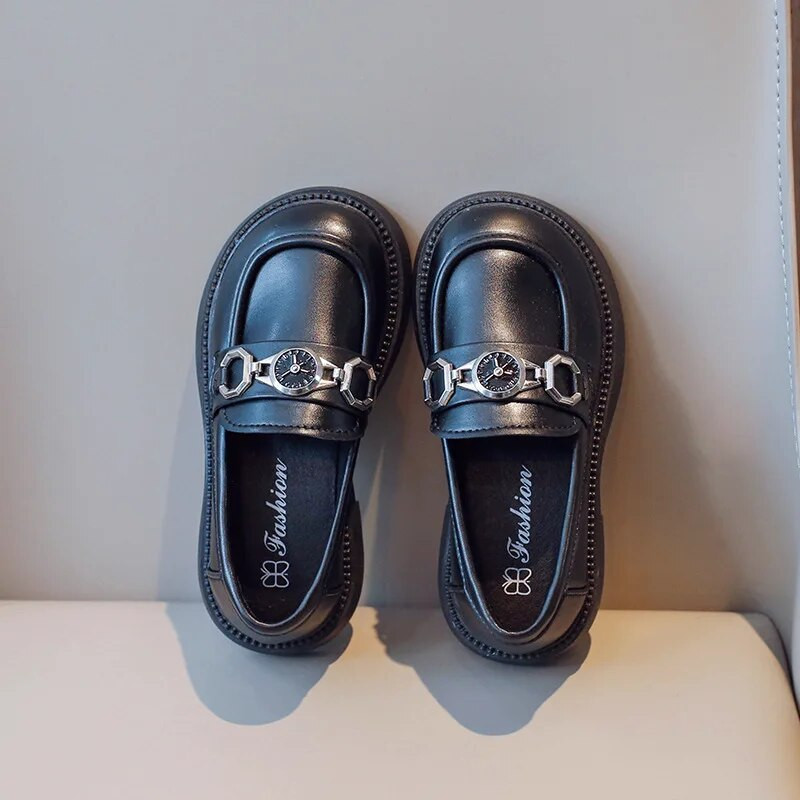 Mokasine za djevojčice 2023. Proljeće Jesen Nova Britanija Dječje Dječje princeze Crne kožne cipele Svestrani ukrasi za ručni sat