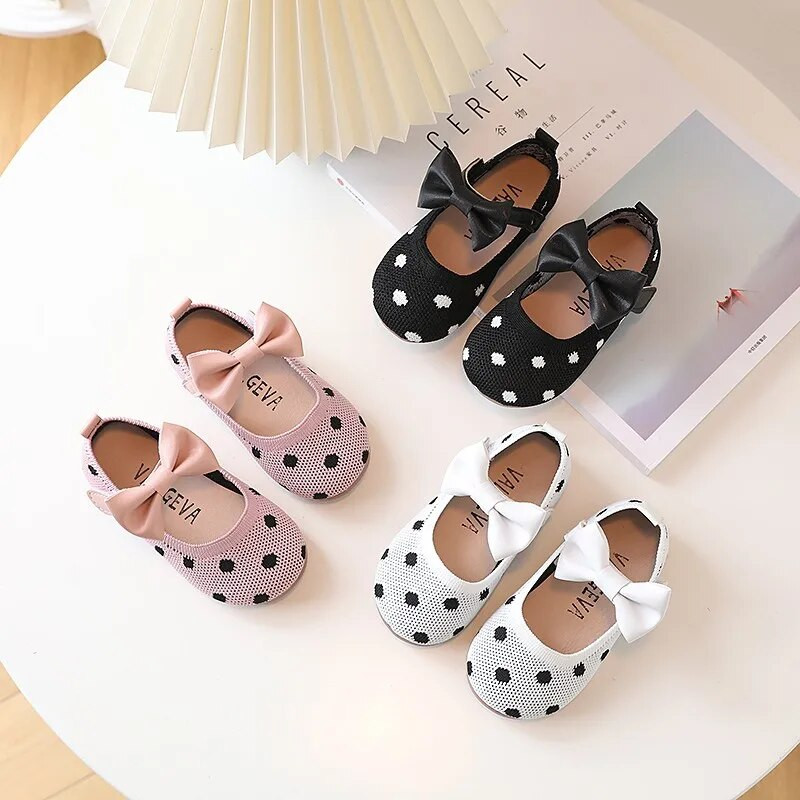 Korėjietiško stiliaus vaikiška princesė Mary Jane, 2023 m. pavasaris, naujas mergaičių lankas, minkštas padas, banguoto taško, megzti, kvėpuojantys mokasininiai batai, mieli