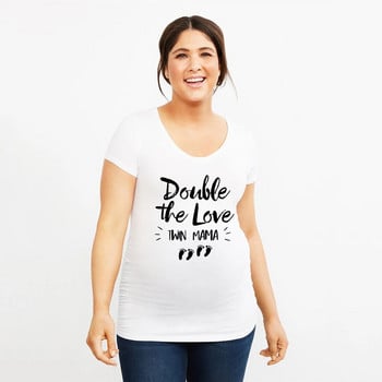 Double The Love Twin Mama Twin Mom Shirt Twin Mama T-shirt Funny Mom of Twins Ризи за бременни Pregnancy Reveal Gifts