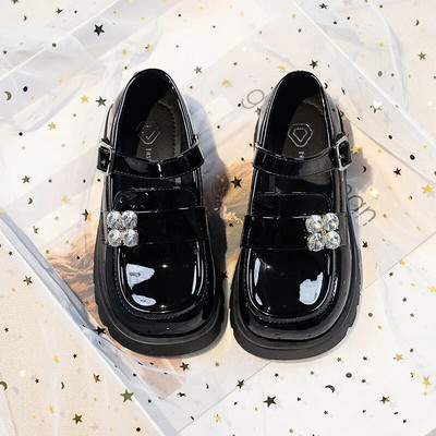 Meiteņu skolas apavi, melni ballīšu ādas apavi bērniem, plakanie kvadrātveida pirksti ar kalngaliem, bērnu ikdienas apavi 2023. gada pavasaris, jauns 26.–36.