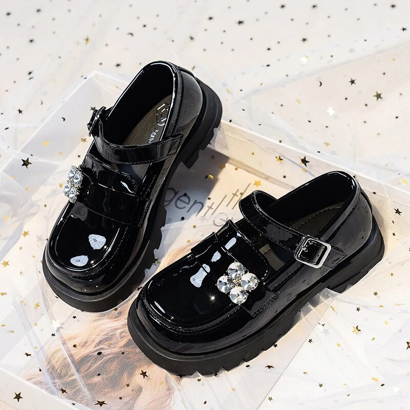 Meiteņu skolas apavi, melni ballīšu ādas apavi bērniem, plakanie kvadrātveida pirksti ar kalngaliem, bērnu ikdienas apavi 2023. gada pavasaris, jauns 26.–36.