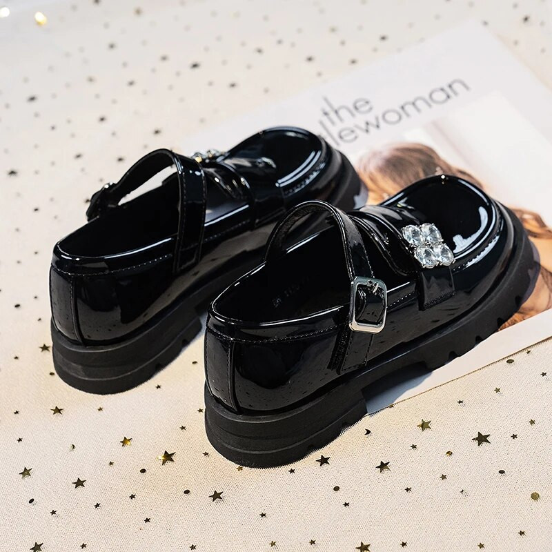 Meiteņu skolas apavi, melni ballīšu ādas apavi bērniem, plakanie kvadrātveida pirksti ar kalngaliem, bērnu ikdienas apavi 2023. gada pavasaris, jauns 26.–36.