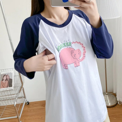 Karikatūras ziloņu apdrukas topi Pavasara T-krekli ar garām piedurknēm barošanai kokvilnas kontrasta krāsā barojošām mātēm, valkāšanai 8568