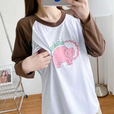 Karikatūras ziloņu apdrukas topi Pavasara T-krekli ar garām piedurknēm barošanai kokvilnas kontrasta krāsā barojošām mātēm, valkāšanai 8568