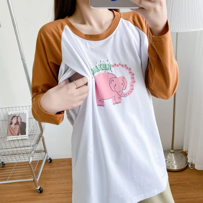 Karikatūras ziloņu apdrukas topi Pavasara T-krekli ar garām piedurknēm barošanai kokvilnas kontrasta krāsā barojošām mātēm, valkāšanai 8568