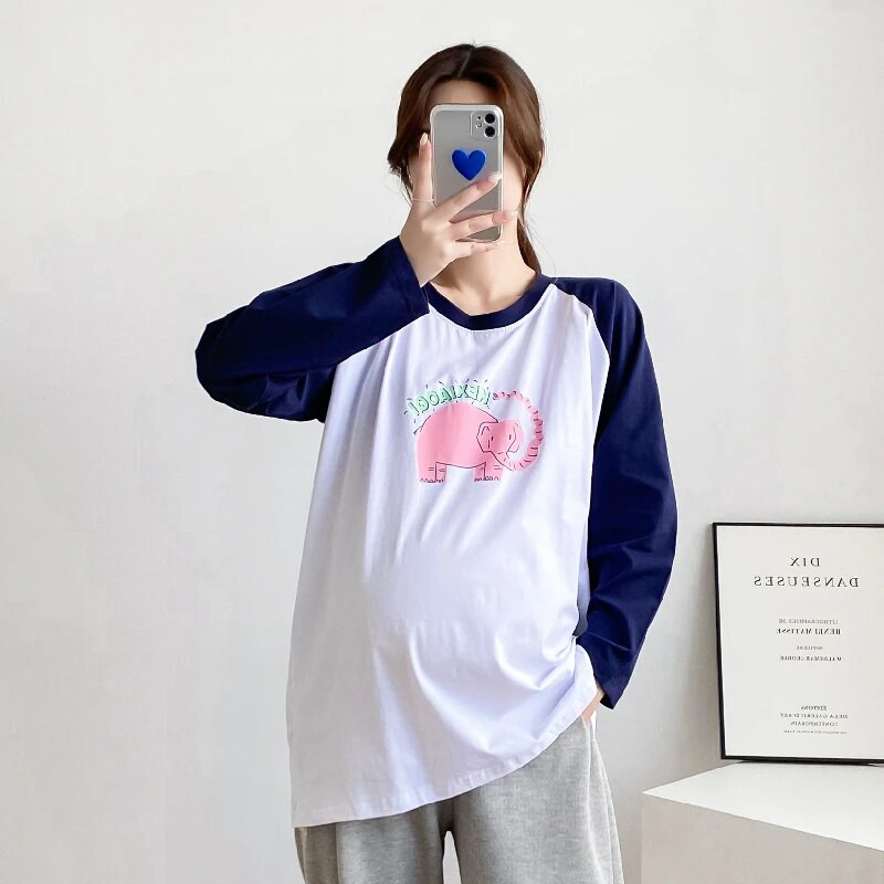 Karikatūras ziloņu apdrukas topi Pavasara T-krekli ar garām piedurknēm barošanai kokvilnas kontrasta krāsā barojošām mātēm, valkāšanai 8568