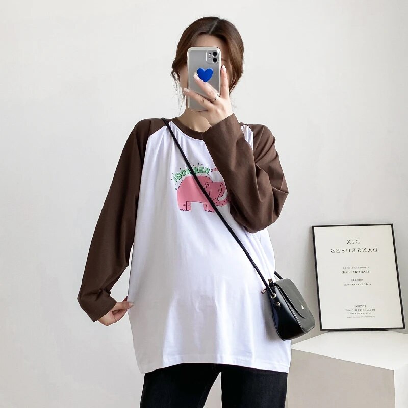 Karikatūras ziloņu apdrukas topi Pavasara T-krekli ar garām piedurknēm barošanai kokvilnas kontrasta krāsā barojošām mātēm, valkāšanai 8568