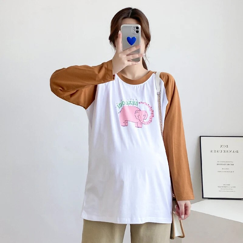 Karikatūras ziloņu apdrukas topi Pavasara T-krekli ar garām piedurknēm barošanai kokvilnas kontrasta krāsā barojošām mātēm, valkāšanai 8568