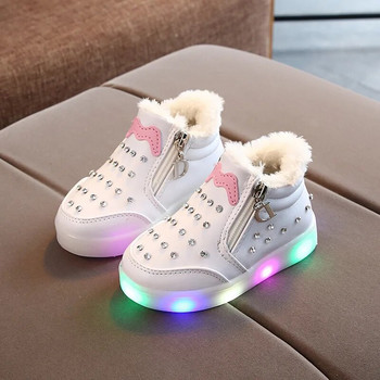 Светещи светодиодни детски обувки за момичета, момчета, есен, зима, кошница, плюшени детски светещи маратонки, модни светещи бебешки детски плоски обувки