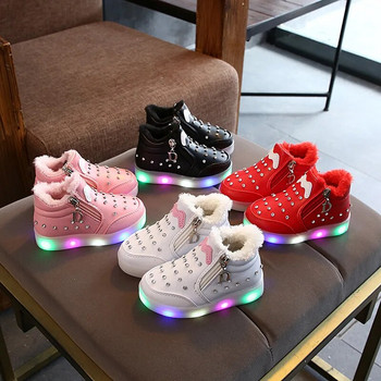 Светещи светодиодни детски обувки за момичета, момчета, есен, зима, кошница, плюшени детски светещи маратонки, модни светещи бебешки детски плоски обувки
