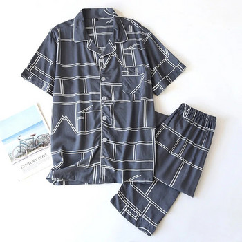 Βαμβακερό κοντομάνικο μακρύ παντελόνι Σετ πιτζάμες για την άνοιξη και το καλοκαίρι Λεπτό κοντομάνικο παντελόνι σπίτι Ρούχα ανδρικά πυζά