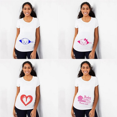Риза за бременни Тениски с къс ръкав с О-образно деколте с щампа за бременни Сладко бебе Горнища за бременни Тениски Дрехи Тениски за обявяване на бебе