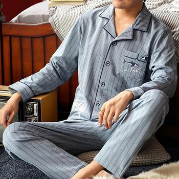 Мъжки комплекти термо пижами с копчета Ежедневни дълъг ръкав с дълги панталони Костюм за дома Зима Есен Спално облекло с кариран модел