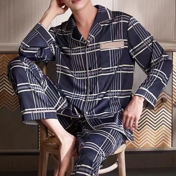 2024 Пролет Есен Памучна пижама с райе Ежедневна карирана пижама Мъжки спално облекло с дълъг ръкав Дишащ удобен костюм за домакинско облекло 3XL