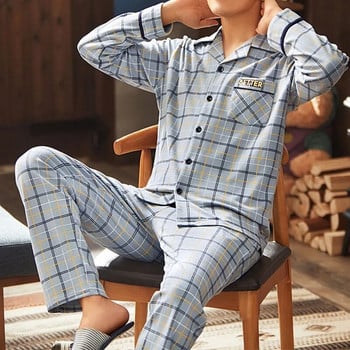 Пролетна пижама от 100% памук Мъжки пижами за ежедневна почивка Синя карирана пижама Мъжка топла спална дреха Домашни дрехи Pj Pure Pijama Hombre Invierno