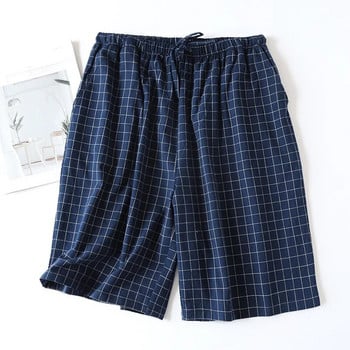 Спално облекло с кариран дизайн Мъжки пижами Къси панталони за лято Тънки памучни свободни двуслойни домашно облекло Облекло за хол Карирани панталони Pj