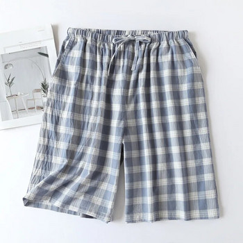 Спално облекло с кариран дизайн Мъжки пижами Къси панталони за лято Тънки памучни свободни двуслойни домашно облекло Облекло за хол Карирани панталони Pj