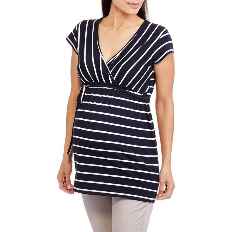 Rase naine Triibulise mustriga puuvillane T-särk lühikeste varrukatega V-kaelusega pits-pullover vabaaja stiilis rasedate tuunika ülemised lahtised riided