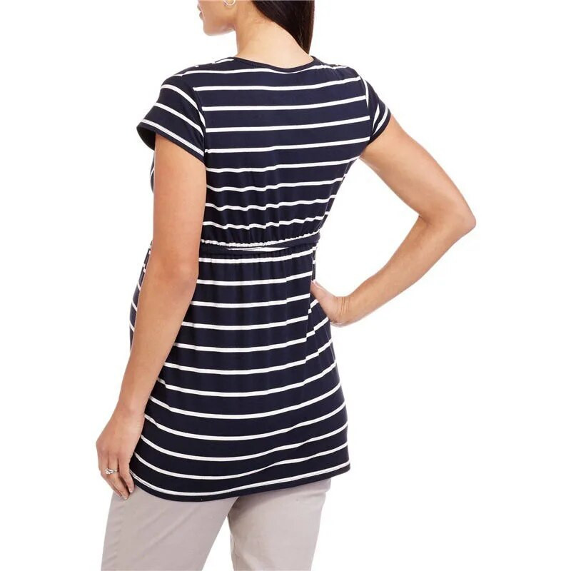 Rase naine Triibulise mustriga puuvillane T-särk lühikeste varrukatega V-kaelusega pits-pullover vabaaja stiilis rasedate tuunika ülemised lahtised riided