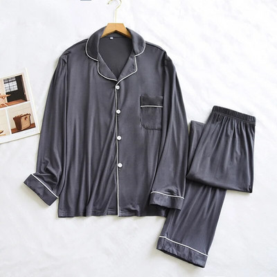 Vienkrāsains Modal Pijama Hombre vīriešu guļamtērps ar garām piedurknēm pavasarim un rudenim plāns, brīvs elpojošs vīriešu mājas apģērbs