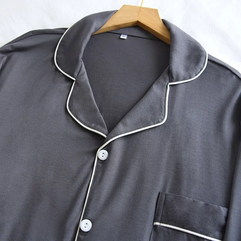 Vienkrāsains Modal Pijama Hombre vīriešu guļamtērps ar garām piedurknēm pavasarim un rudenim plāns, brīvs elpojošs vīriešu mājas apģērbs