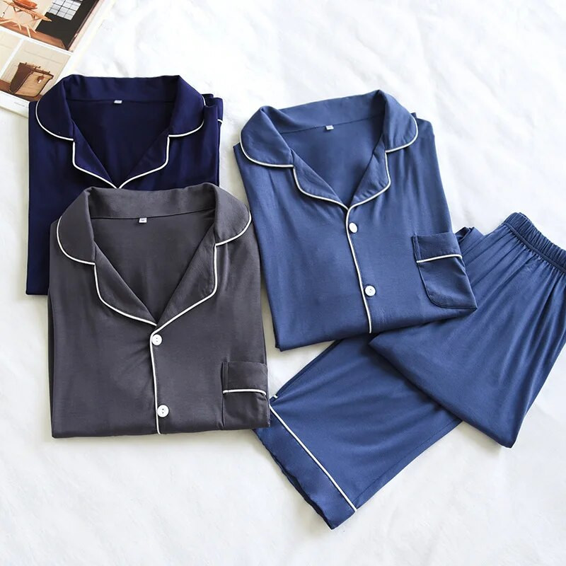 Vienkrāsains Modal Pijama Hombre vīriešu guļamtērps ar garām piedurknēm pavasarim un rudenim plāns, brīvs elpojošs vīriešu mājas apģērbs