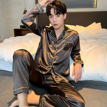 Нови елегантни сатенени комплекти мъжки пижами Пижама с дълги копчета Мъжки домашни дрехи Копринено нощно облекло Пижама Големи размери Спално облекло