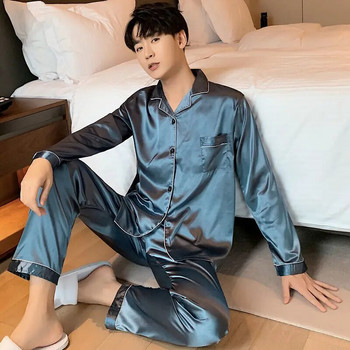 Нови елегантни сатенени комплекти мъжки пижами Пижама с дълги копчета Мъжки домашни дрехи Копринено нощно облекло Пижама Големи размери Спално облекло