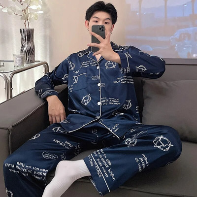 Férfi selyem pizsama nadrág öltöny Férfi egész testes pizsama Homewear Oversize hálóruha Luxus pizsama őszi télre 5XL