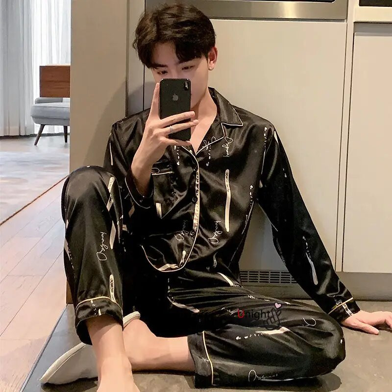 Férfi selyem pizsama nadrág öltöny Férfi egész testes pizsama Homewear Oversize hálóruha Luxus pizsama őszi télre 5XL