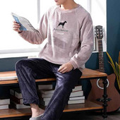 Őszi téli férfi hosszú ujjú meleg flanel pizsama szett Férfi korall bársony aranyos rajzfilm hálóruha pizsama Alkalmi otthoni ruhák